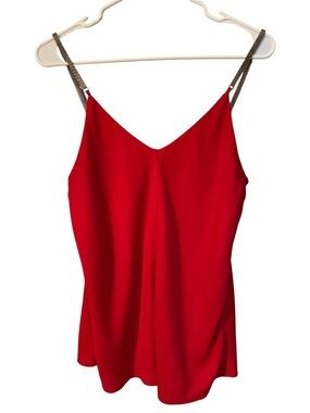 Express Women's Size Small Tank Top Red V-Neck Gold Mesh Chain Straps Open Back